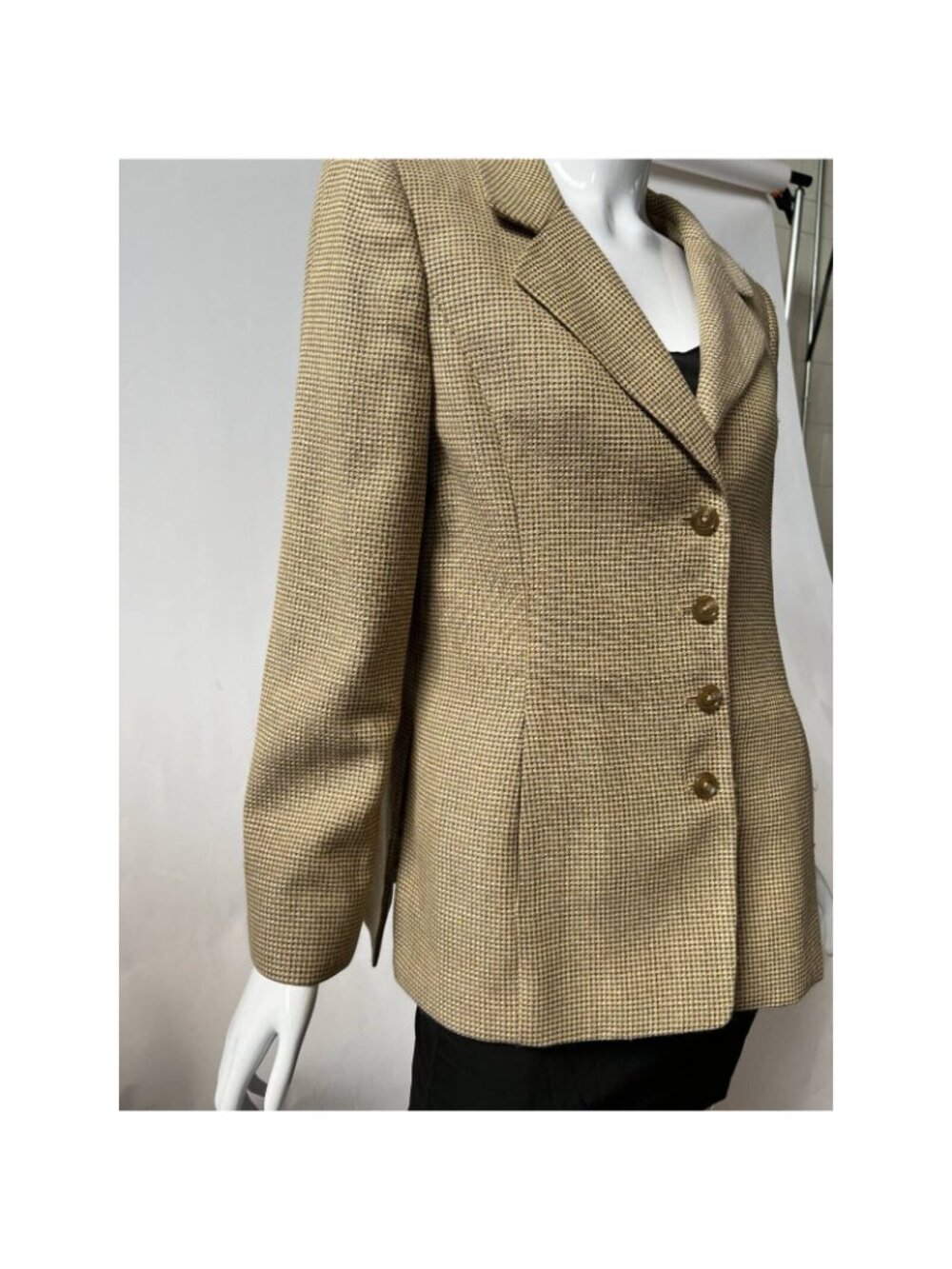 Linda Allard Ellen Tracy Vintage Petite Blazer Beige Houndstooth Wool Silk Blend - Picture 8 of 12